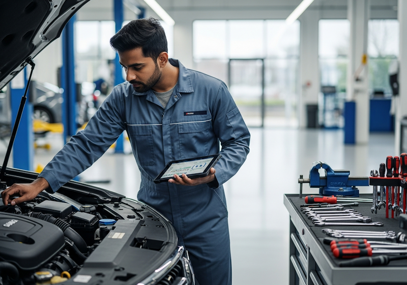 Professional mechanic inspecting car engine